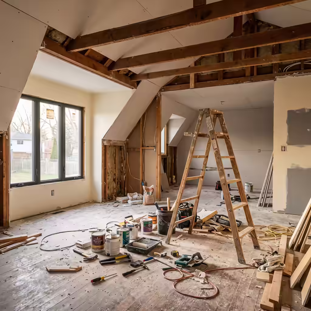Maison en cours de rénovation vide de tout ouvrier avec des outils laissés à l'abandon