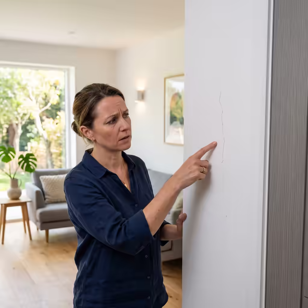 Propriétaire constatant des fissures sur un mur récemment repeint ou rénové